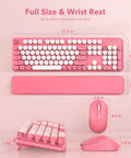 Hot Pink Typewriter Style Wireless Keyboard And Mouse Combo With Round Keycaps, Retro Candy Color, Full Size Ergonomic Set.