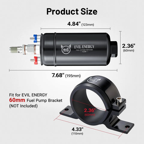 External Inline Fuel Pump 12V High Flow 300 LPH for EFI Systems, universal fit, showing product dimensions and bracket size.