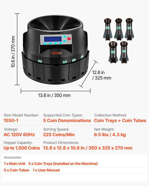 Heavy Duty US Coin Counter Sorter And Wrapper Machine Handles 5 Denominations with coin tubes and trays, digital display design.
