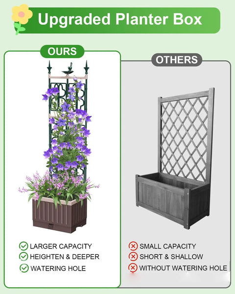 Raised Garden Bed Planter Box With Trellis 61.4 Inch Self Watering System For Climbing Plants No Fuss Indoor Outdoor Garden Bed For Tomatoes Cucumbers Beans Flowers And Vegetables, comparison with other planter box showing advantages such as larger capacity and self-watering feature.