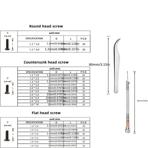 Solid 630 Piece Micro Repair Screw Set With Precision Drivers To Quick Fix Cracked Glasses Sunglasses Wristwatches And Jewelry M1.2 M1.4 Flat Heads Super Handy Tool Kit For Daily Use specifications table with various screw types.
