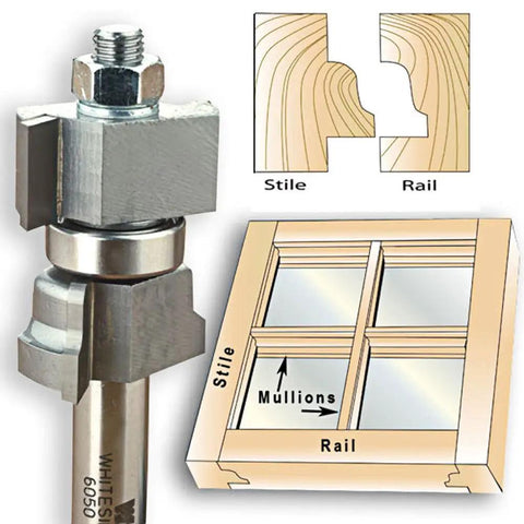 Window Sash Router Bit With One And Three Eighths Inch Cutting Diameter And Seven Eighths To One And Five Eighths Inch Cutting Length, One Half Inch Shank, Carbide Tipped, The Go To Tool For Full Window Sash Stile And Rail Cuts next to stile and rail diagram