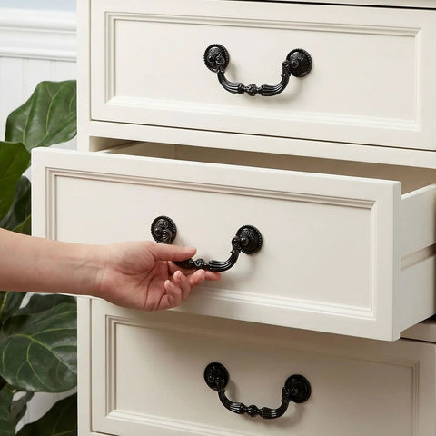 Four Pack Retro Drop Bail Drawer Pulls With Screws Black Finish Large Size L on white furniture drawer being opened