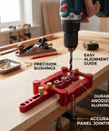 Adjustable Self Centering Doweling Jig Kit For Dead On Furniture Assembly And Heavy Duty DIY Woodworking Projects With Pro Shop Grade Clamp Drill Guide placed on a wood table showcasing alignment features.