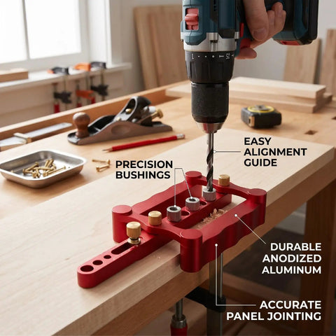 Adjustable Self Centering Doweling Jig Kit For Dead On Furniture Assembly And Heavy Duty DIY Woodworking Projects With Pro Shop Grade Clamp Drill Guide placed on a wood table showcasing alignment features.