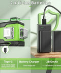 Self Leveling Laser Level With 3x360 Green Beams For Pro Grade Cross Line Three Plane Layout And Quick Horizontal And Vertical Alignment, Li-ion battery and Type-C charger view