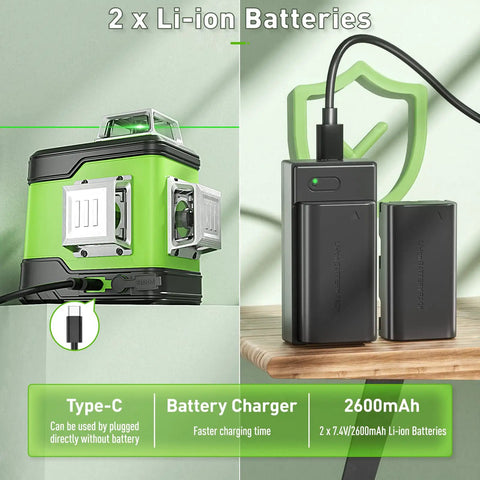 Self Leveling Laser Level With 3x360 Green Beams For Pro Grade Cross Line Three Plane Layout And Quick Horizontal And Vertical Alignment, Li-ion battery and Type-C charger view