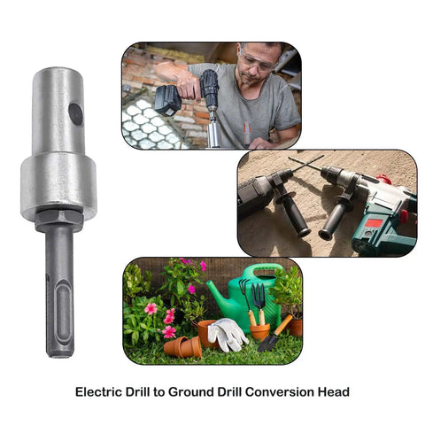 Round Shank Garden Auger Drill Adapter For SDS Plus And SDS Rotary Hammer Drills shown with tools and gardening scene.