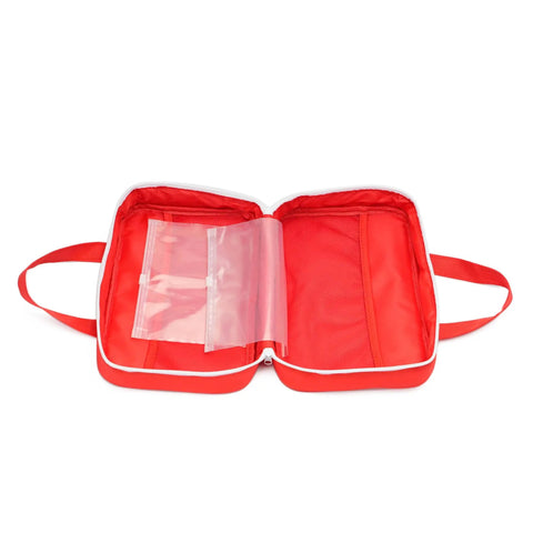 Opened red Compact First Aid Kit Bag For Home Travel Camping And Car, Emergency Medical Pouch With Multiple Compartments, Waterproof Pockets