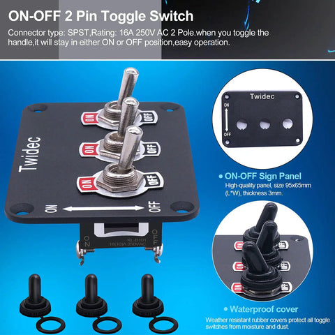 Beefy Three Gang Rocker Toggle Switch Panel With Aluminum Plate Waterproof Boot Cap Cover 16A 250V AC 12V DC SPST On Off