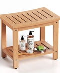 21 Inch Poly Lumber Waterproof Shower Bench With Storage Shelf, Non Slip Faux Teak Wood Shower Stool For Bathroom, Indoor And Outdoor Use, Versatile Shower Chair For Bath, Living Room And Bedroom, Teak Color.