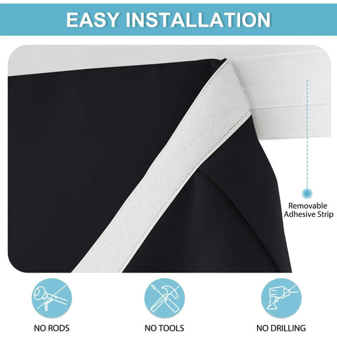 Blackout Curtain Panel For French Doors And Windows, Thermal Insulated Light Block, Energy Efficient 30 X 40 Inches, One Panel In Deep Black, Easy Install In Minutes With Strong Adhesive Straps, No Drill Required close-up of adhesive installation