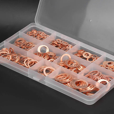Rad 300 Pcs Red Copper Gasket Washer Assortment Kit High Thermal Conductivity Fits Auto And Hydraulic Systems M5 To M16 Flat Metal Washers Set Good For Oil Pan Plugs Fuel Joints Solid Gear For Home Garage Fixes And Pro Repairs Any Day