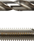 Close-up of Heavy Duty Pro Grade High Speed Steel Jobber Length Drill Bit and Spiral Point Tap, uncoated bright finish.
