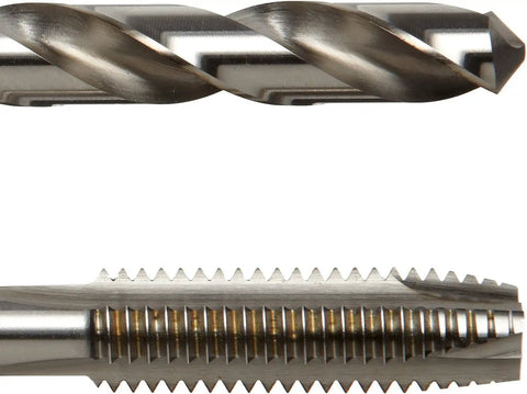 Close-up of Heavy Duty Pro Grade High Speed Steel Jobber Length Drill Bit and Spiral Point Tap, uncoated bright finish.