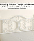 Full Size Metal Bed Frame Featuring Sculpted Butterfly Pattern Headboard In Shimmering White Polished Finish detail of headboard design.