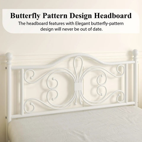 Full Size Metal Bed Frame Featuring Sculpted Butterfly Pattern Headboard In Shimmering White Polished Finish detail of headboard design.