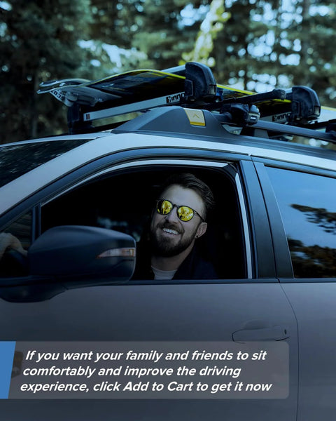 Roof rack on a silver SUV, side view showing two skis.