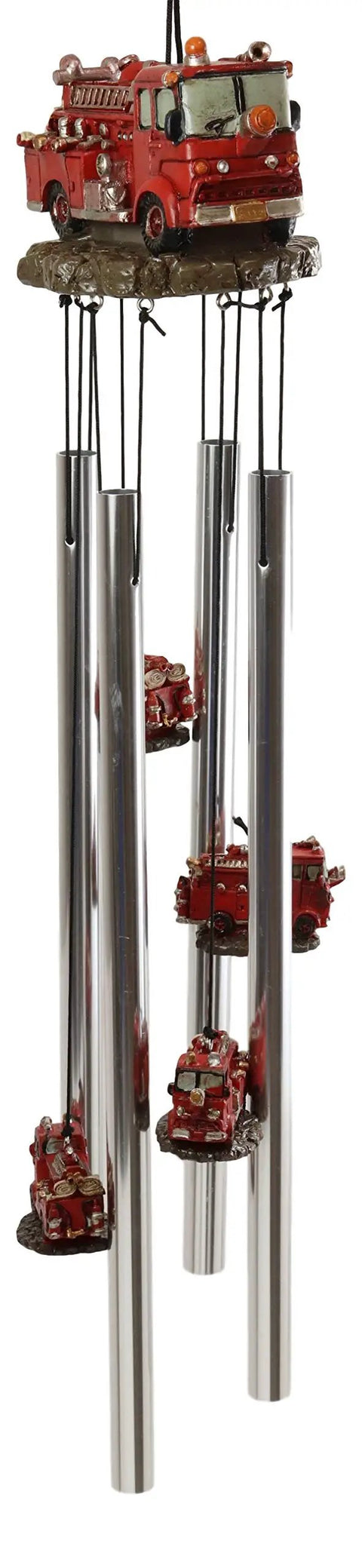 Red Fire Engine Wind Chime For Patio And Garden Decor featuring resin fire truck with aluminum rods, 20 inch tall.