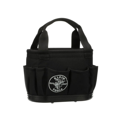 Front view of Hard-Body Oval Tool Bucket With Drain Holes And 29 Pockets, featuring web handles and black polypropylene bottom.