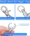 Front and side views of a metal trigger snap hook with swivel, 2.36 x 0.98 in, for keys and pet cages.