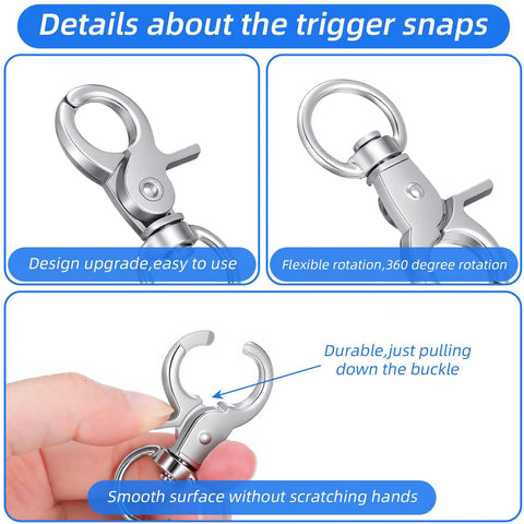Front and side views of a metal trigger snap hook with swivel, 2.36 x 0.98 in, for keys and pet cages.