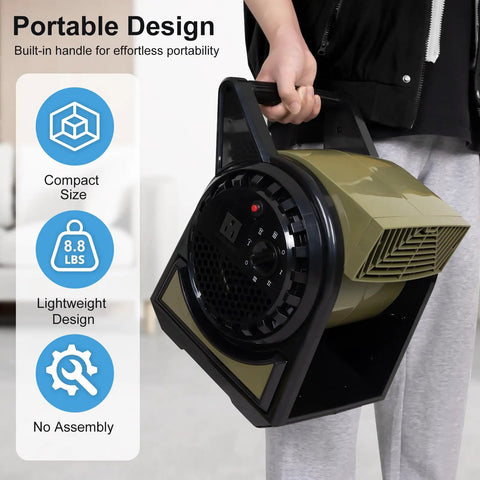 Beast High Velocity 450 CFM Fan With 3 Speed Settings 120V shown in portable design being carried by person