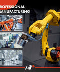 Yellow industrial robot arm with factory assembly line photos, professional manufacturing text.