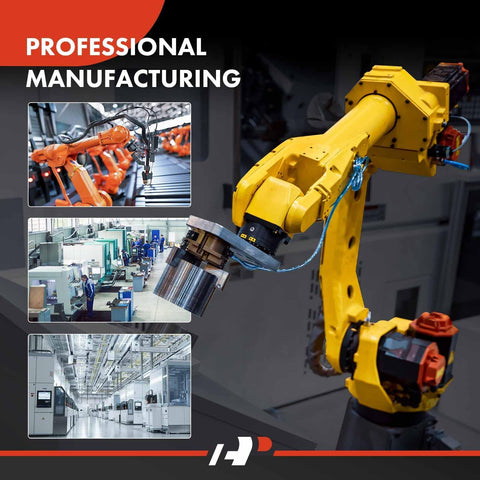 Yellow industrial robot arm with factory assembly line photos, professional manufacturing text.