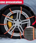 Heavy Duty 12 Piece Adjustable Snow Chains For Cars And Trucks Rust Free Plastic Tire Traction Straps on tire in snow