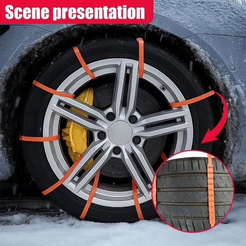 Heavy Duty 12 Piece Adjustable Snow Chains For Cars And Trucks Rust Free Plastic Tire Traction Straps on tire in snow