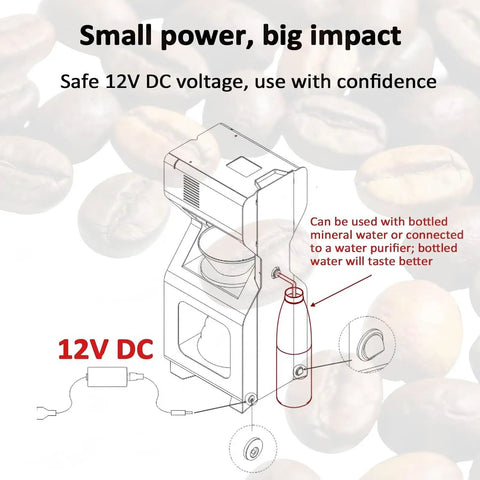 Smart Electric Ice Drip Coffee Maker With LED Touchscreen And Precision Cold Brew Controller showing 12V DC usage details.