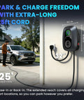 Level 2 EV Charger 40 Amp J1772 Wall Mounted Station With 25 Foot Cable Nema 14-50 Plug mounted on garage wall with user charging EV.
