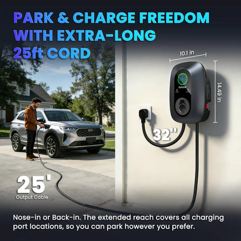 Level 2 EV Charger 40 Amp J1772 Wall Mounted Station With 25 Foot Cable Nema 14-50 Plug mounted on garage wall with user charging EV.