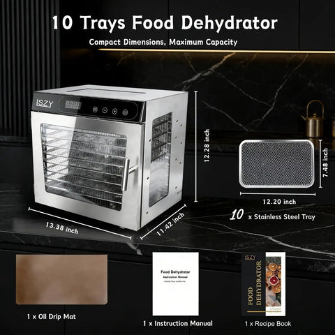 Top Shelf 800W Food Dehydrator Machine Featuring Ten Stainless Steel Trays for precise temperature settings and airflow.