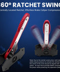 Brake Caliper Compression Tool With 360 Degree Ratchet for Easy Piston Spreading, shown in action with detailed design view.
