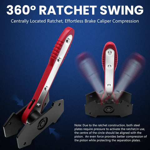 Brake Caliper Compression Tool With 360 Degree Ratchet for Easy Piston Spreading, shown in action with detailed design view.