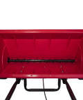 Interior view of Red 75Lb Drop Spreader for Lawn Care With 22 Inch Coverage, showing adjustable flow mechanism and hopper.