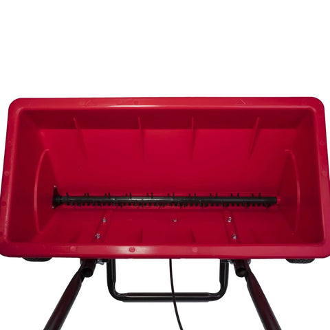 Interior view of Red 75Lb Drop Spreader for Lawn Care With 22 Inch Coverage, showing adjustable flow mechanism and hopper.