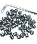 Premium 50 Piece 304 Stainless Steel Hex Socket Set Screws One Quarter By Twenty Thread One Quarter Inch Long With Allen Head Includes One Eighth Inch Wrench A True Workhorse For Grub Screws And Machinery displayed with included wrench.
