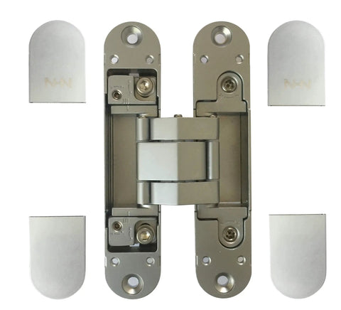 Invisible Door Hinge Set For Frameless Doors Two Pack 3D Adjustable Concealed Hardware Satin Chrome Finish showcased with components