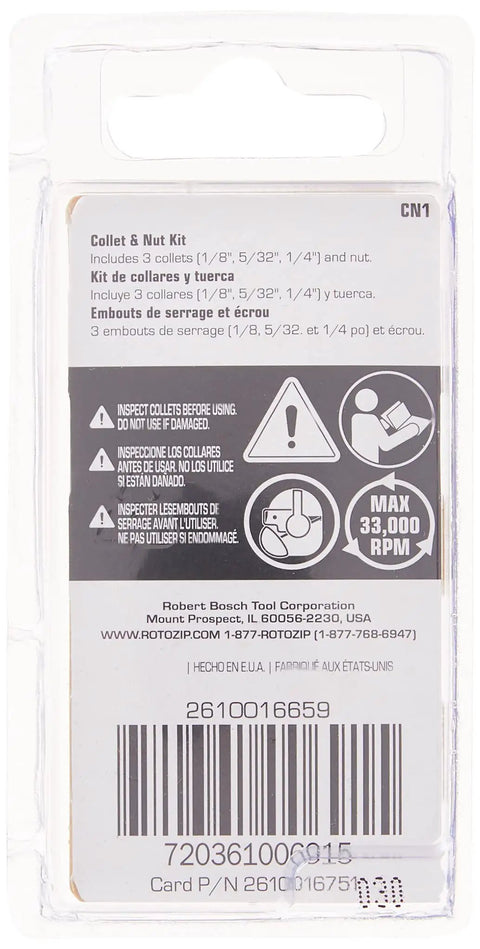 Back view of Replacement Collet and Nut Kit packaging for Spiral Saws and Drywall Routers with product details and barcode visible.