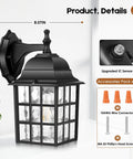 Dope Dusk To Dawn Outdoor Wall Lantern showing dimensions and accessories, black with waterfall glass and photocell sensor
