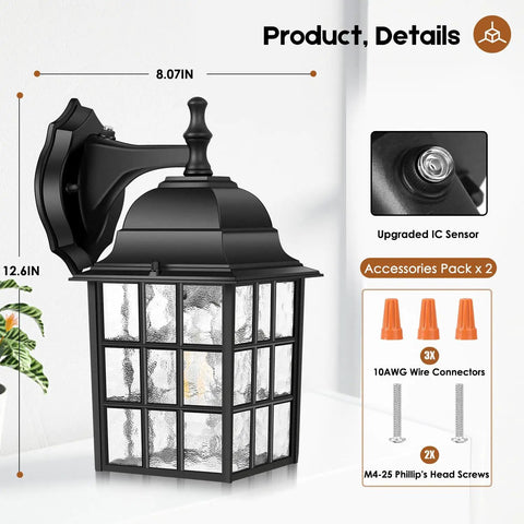 Dope Dusk To Dawn Outdoor Wall Lantern showing dimensions and accessories, black with waterfall glass and photocell sensor