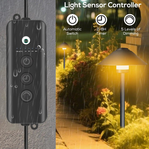 4 Pack Dusk To Dawn Outdoor Pathway Lights with dimmable LED landscape lighting, timer, and memory function controller shown in garden scene.