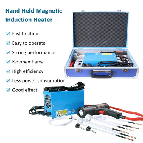 1500W Induction Heater Bolt Removal Tool With Four Copper Coils And Rugged Case showing its hand-held design and included accessories in case.