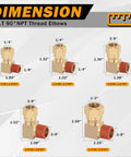 Five brass DOT 90° NPT elbow fittings with dimensioned diagrams for air brake suspension kit.