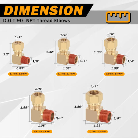 Five brass DOT 90° NPT elbow fittings with dimensioned diagrams for air brake suspension kit.