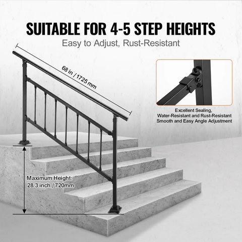 Rock Solid Wrought Iron Outdoor Stair Railing With Adjustable Frame For Zero To Five Steps, 68 in, for 4-5 step heights.