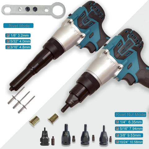 Hella Powerful 26V Cordless Rivet Gun With Automatic Riveting For M3 To M12 Stainless Steel and Aluminum Rivet Nut Tool, showing attachments.